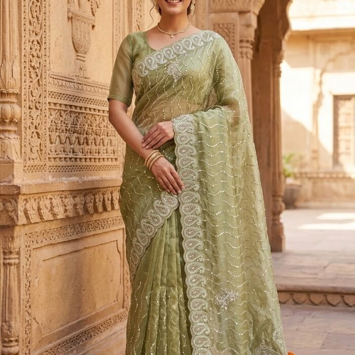 Pastel Green Tissue Silk Sequins Embellished Saree