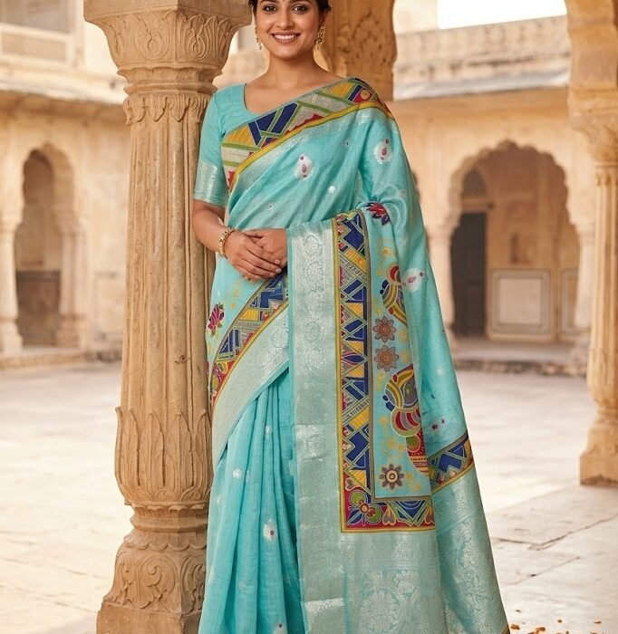 Aqua Banarasi Zari Elephant Motif Designer Saree