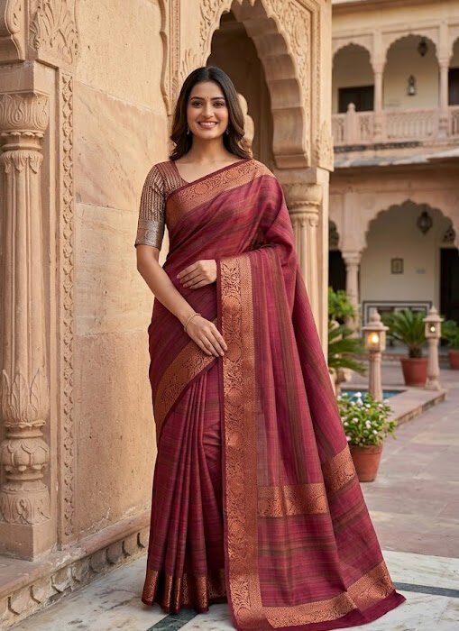 Dual Tone Rose Copper Zari Border Silk Saree