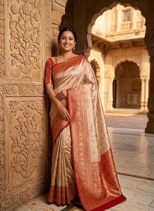 Red White Silk Zari Resham Work Saree