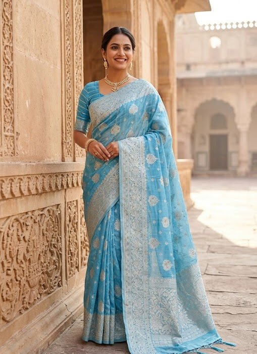 Blue Linen Cotton Zari Booti Stone Work Saree