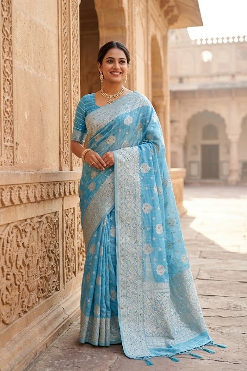 blue-linen-cotton-zari-booti-stone-work-saree