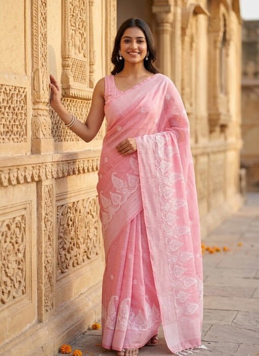 Pink Linen Cotton White Thread Booti Work Saree