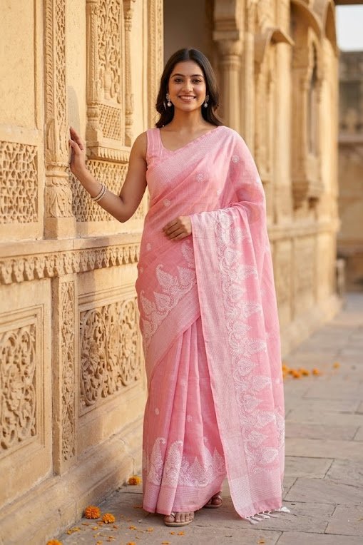 pink-linen-cotton-white-thread-booti-work-saree