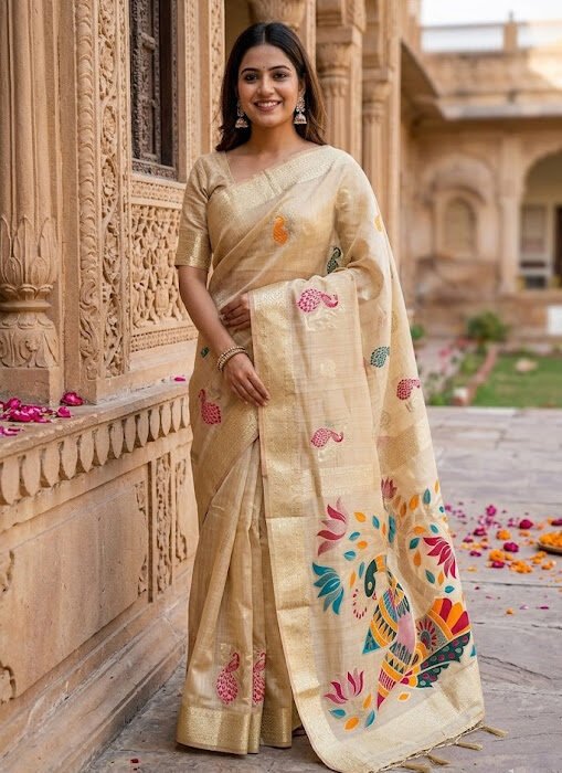 Beige Cotton Silk Peacock Motif Zari Designer Saree