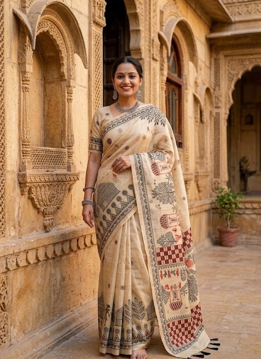 Beige Tribal Village Motif Zari Designer Saree