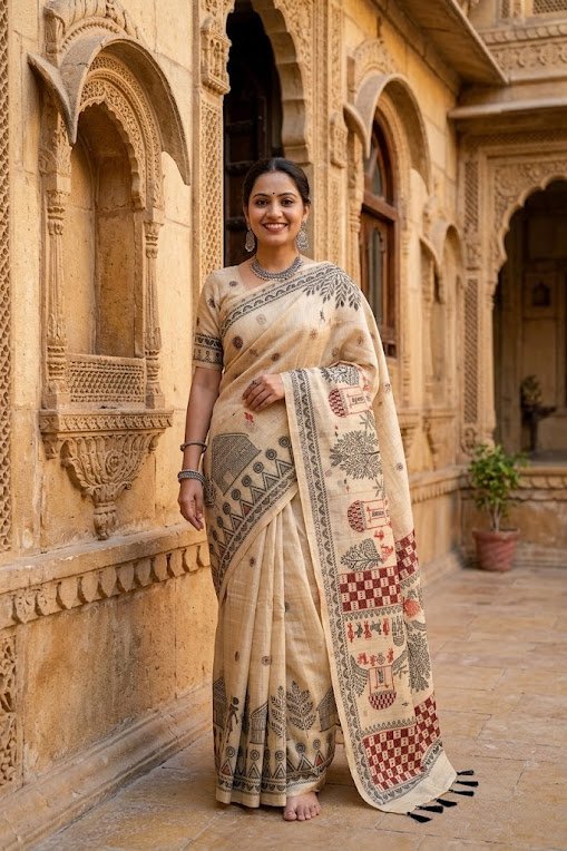 beige-tribal-village-motif-zari-designer-saree