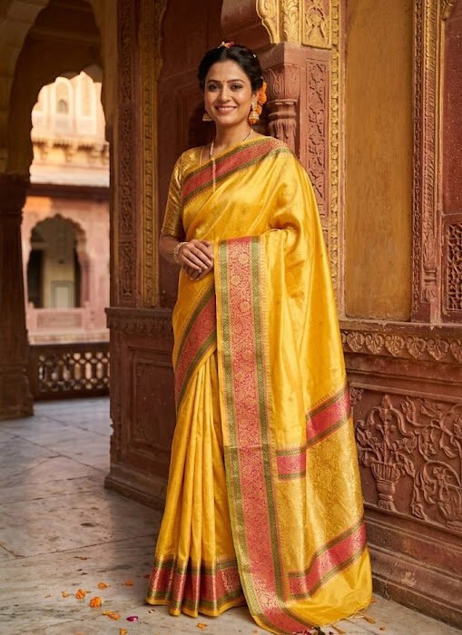 Yellow Paper Silk Zari Border Banarasi Designer Saree