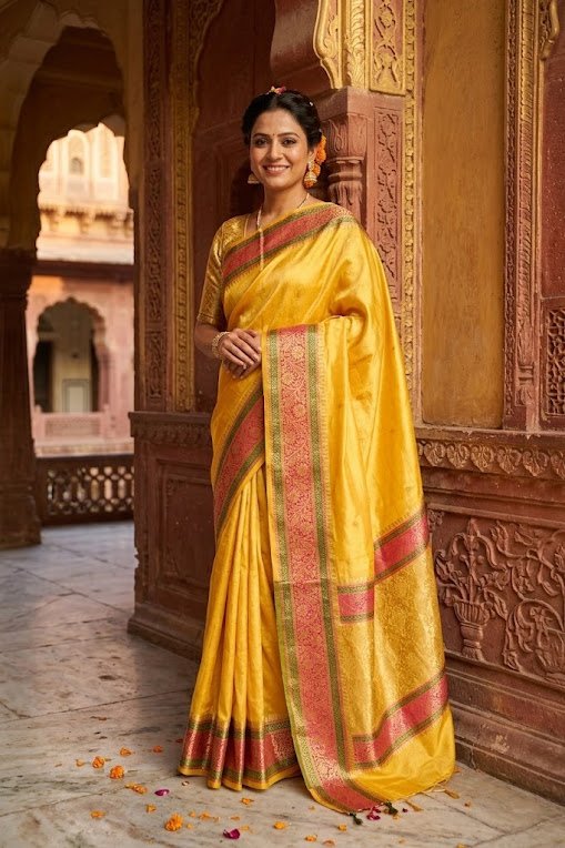 yellow-paper-silk-zari-border-banarasi-designer-saree