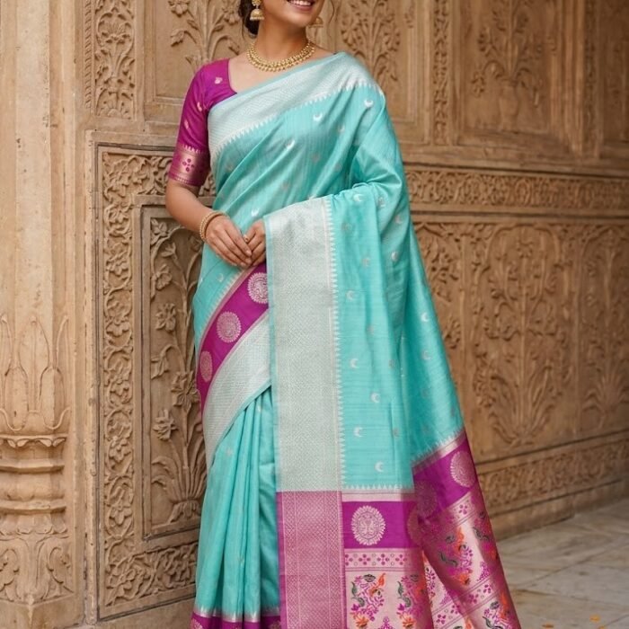 Aqua Pink Cotton Silk Meenakari Zari Designer Saree