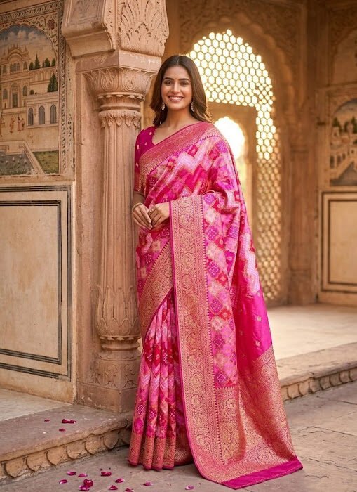 Pink Gajji Silk Bandhani Zari Border Designer Saree