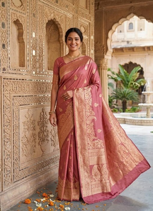 Rose Pink Blended Silk Zari Booti Designer Saree