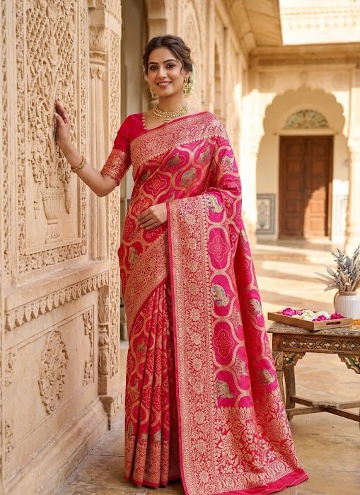 Rani Pink Gajji Silk Bandhani Zari Saree