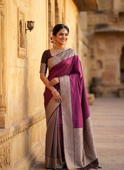 Rose Gold Satin Silk Banarasi Work Saree