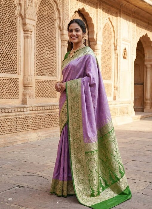 Lavender Green Mashru Satin Banarasi Zari Saree