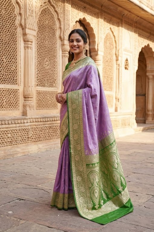 Lavender Green Mashru Satin Banarasi Zari Saree