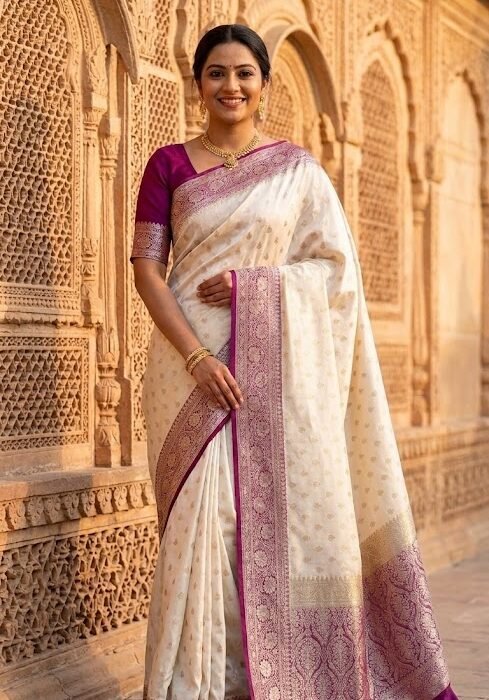 Ivory Purple Katan Silk Banarasi Zari Saree