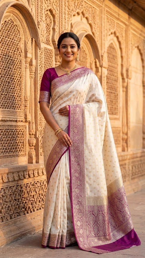 Ivory Purple Katan Silk Banarasi Zari Saree