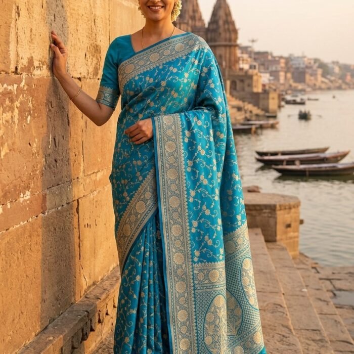 Teal Banarasi Satin Mashru Silk Zaal Saree