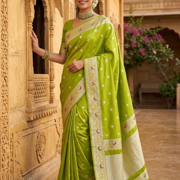 Pista Green Banarasi Katan Silk Meenakari Saree