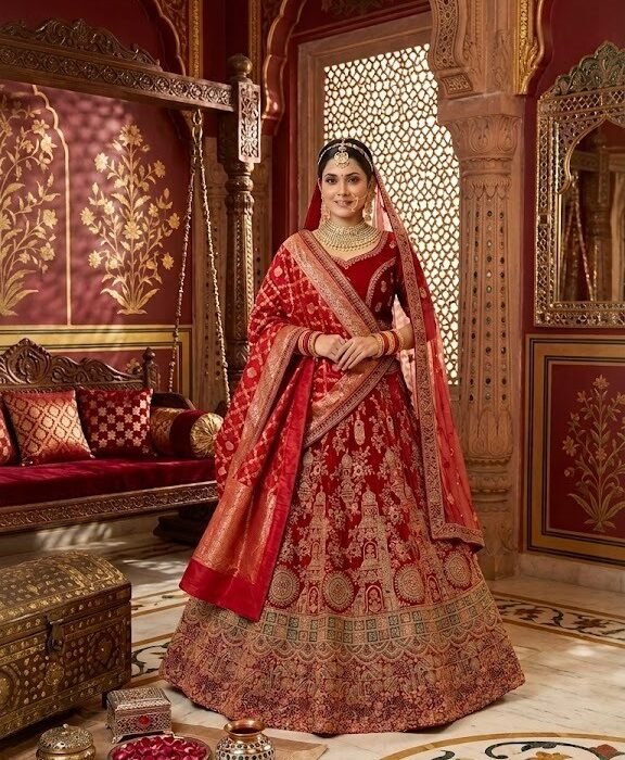 Red Banarasi Zari Weaving Bridal Lehenga Set
