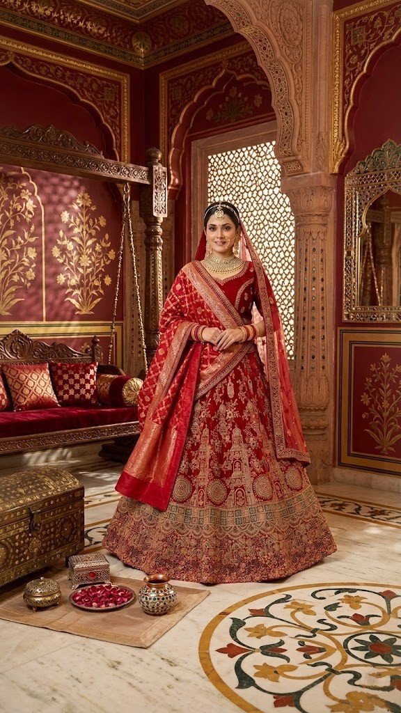 red-banarasi-zari-weaving-bridal-lehenga-set