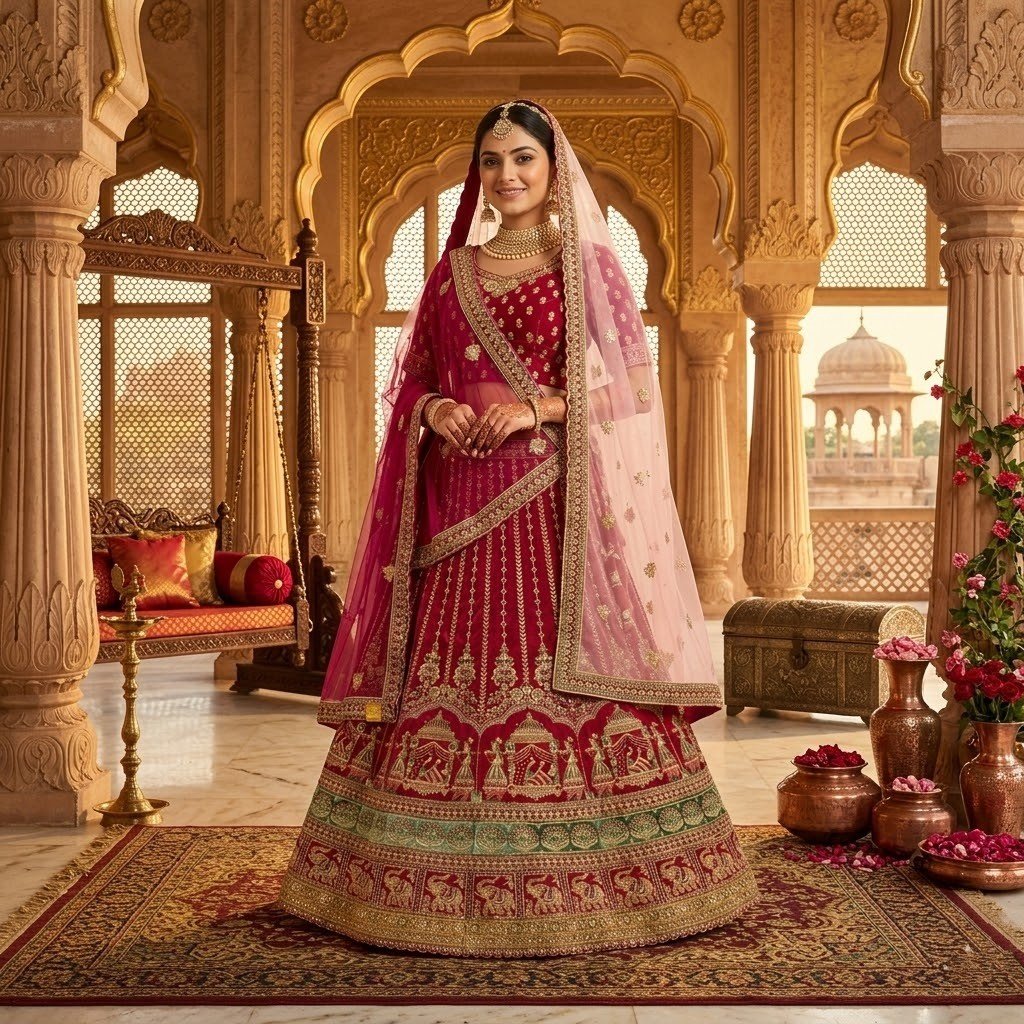 rani-pink-velvet-zari-stone-work-lehenga