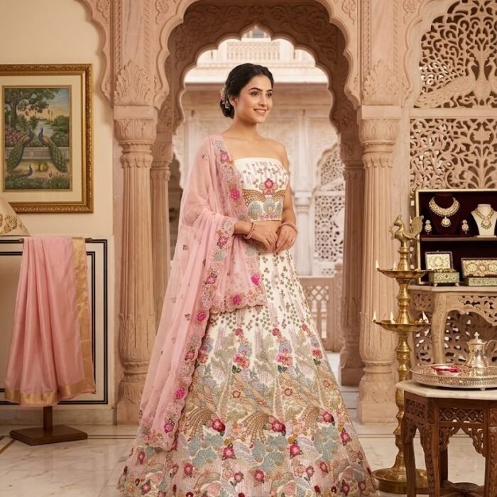 White Jute Thread Zari Work Lehenga Set
