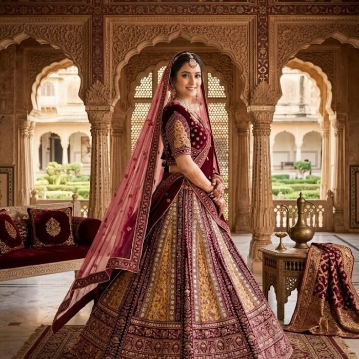 Maroon Velvet Zari Stone Work Bridal Lehenga