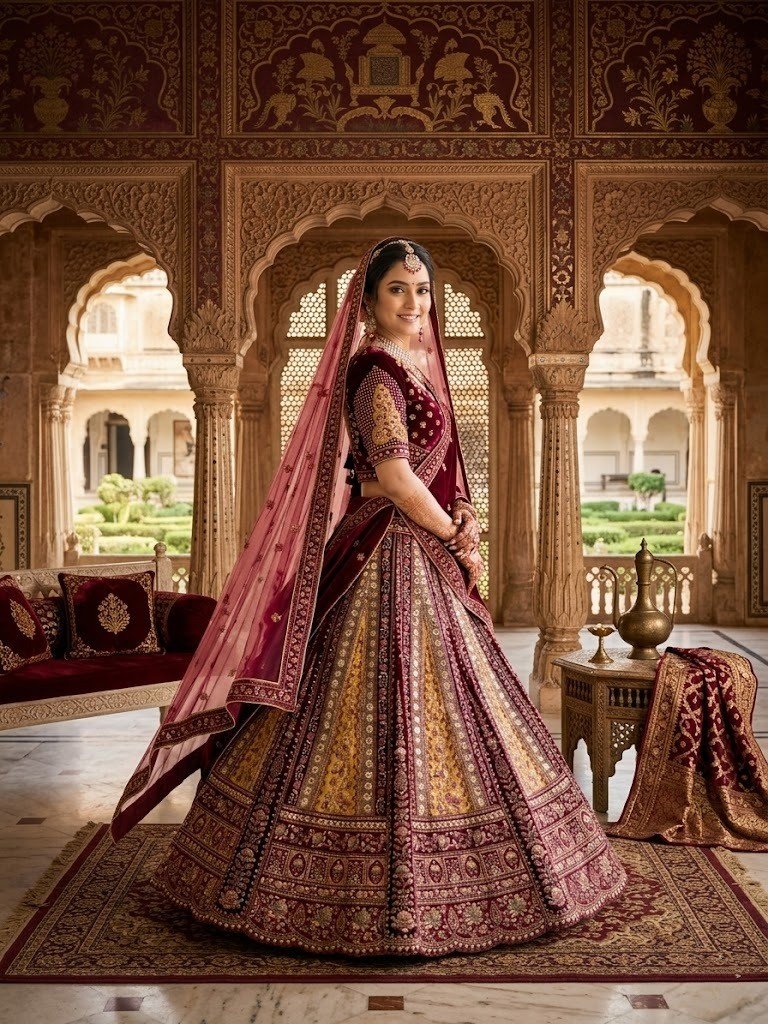 maroon-velvet-zari-stone-work-bridal-lehenga