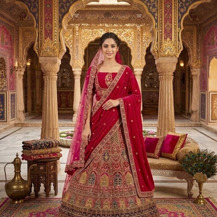 Bridal Red Velvet Cut Dana Work Lehenga