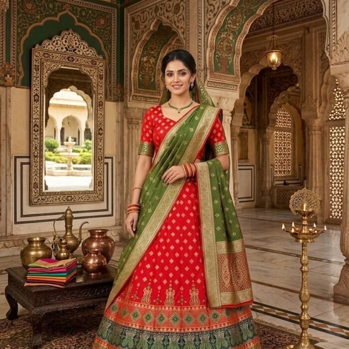 Red Green Banarasi Art Silk Lehenga Set
