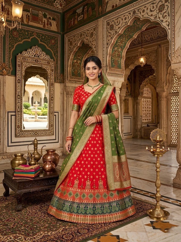 red-green-banarasi-art-silk-lehenga-set