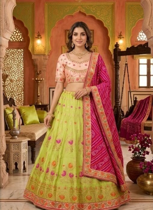 Lime Green Banarasi Meena Work Lehenga Set