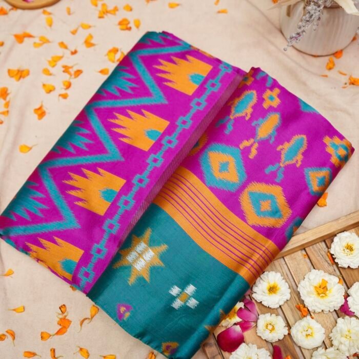 Magenta Teal Art Silk Patola Design Saree