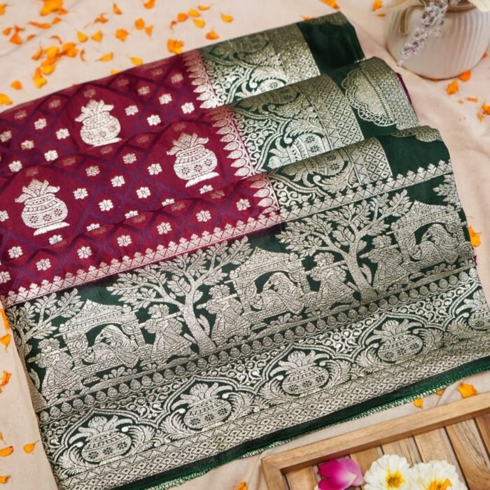 Wine Green Art Silk Kalash Motif Saree