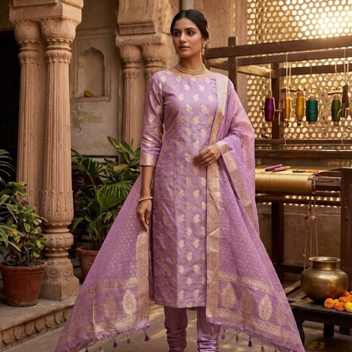 Lavender Banarasi Tissue Silk Buti Suit Set
