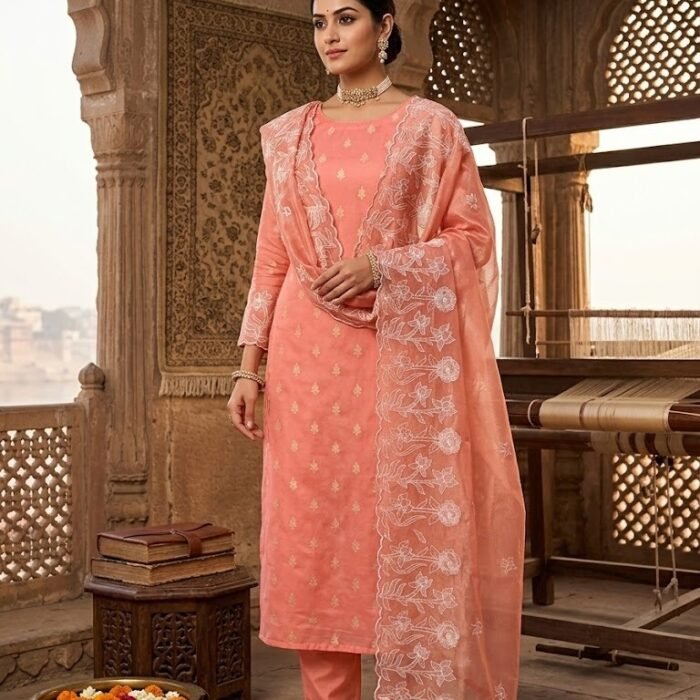 Peach Banarasi Tissue Silk Embroidered Suit Set