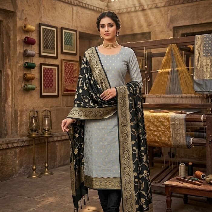 Grey Black Banarasi Soft Silk Suit Set