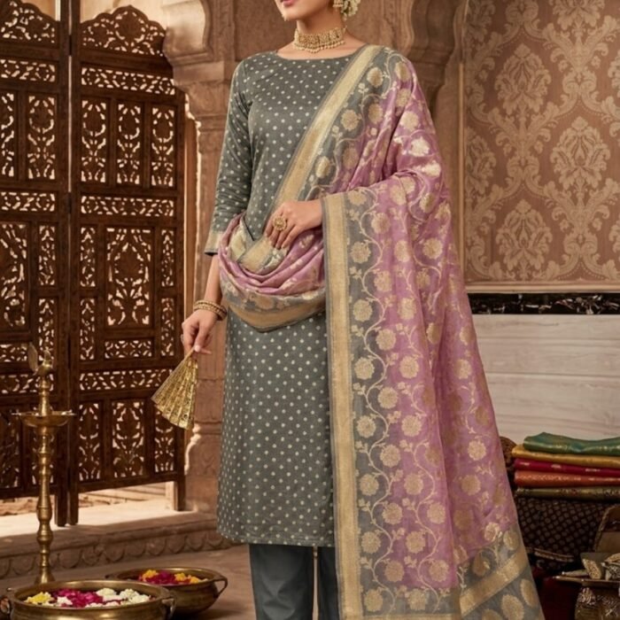 Grey Purple Banarasi Tissue Silk Suit Set