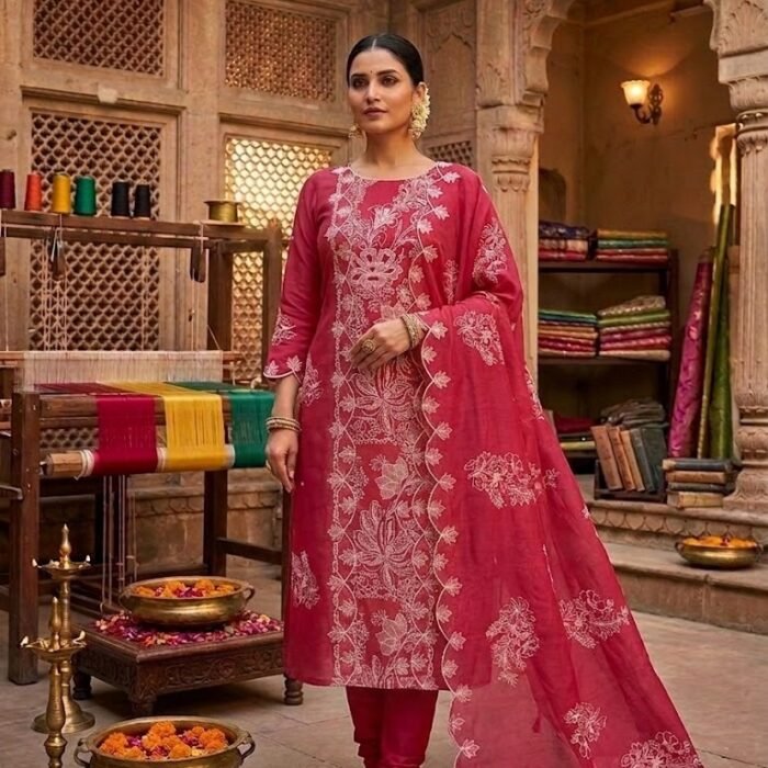 Crimson Mul Chanderi Embroidered Suit Set