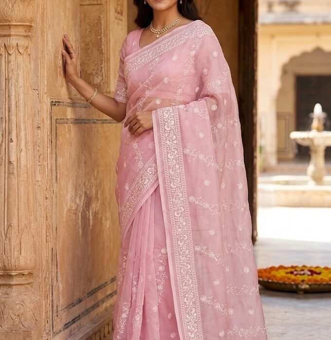 Pink Organza Banarasi Handwoven White Thread Saree