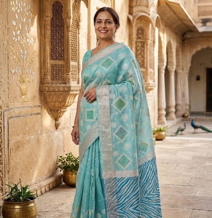 Aqua Kora Cotton Check Hand Brush Embroidery Saree