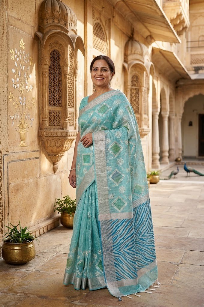 aqua-kora-cotton-check-hand-brush-embroidery-saree
