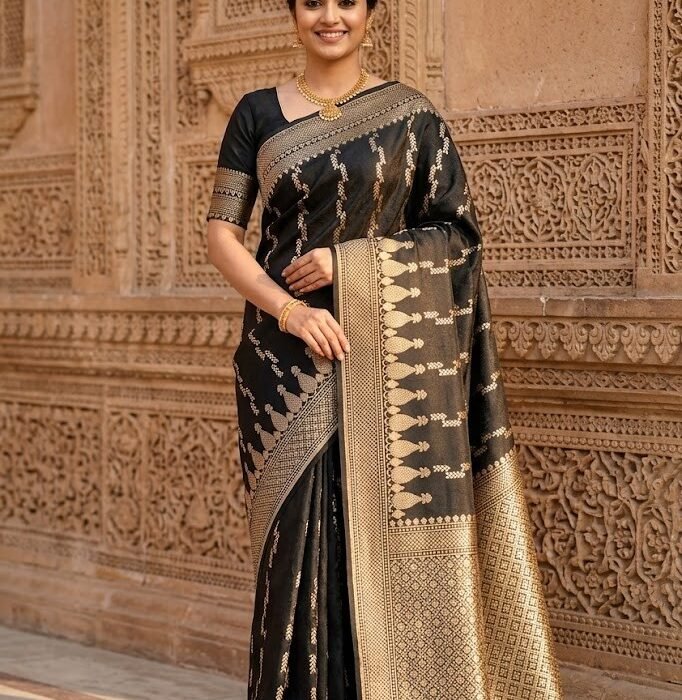 Black Mashru Satin Banarasi Tanchoi Zari Saree