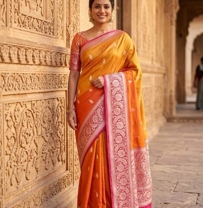 Orange Kora Silk Banarasi Zari Booti Saree