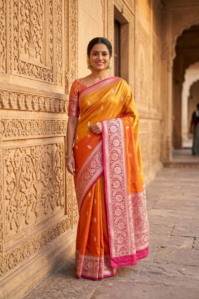 orange-kora-silk-banarasi-zari-booti-saree