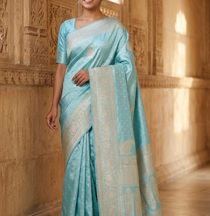 Turquoise Mashru Satin Silk Zari Booti Saree