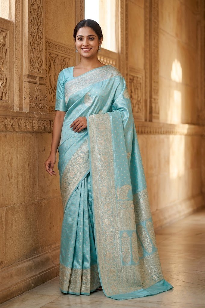 turquoise-mashru-satin-silk-zari-booti-saree