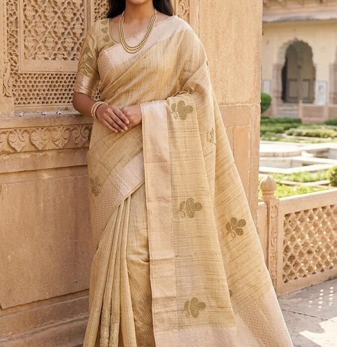 Pastel Golden Linen Cotton Hand Embellished Saree